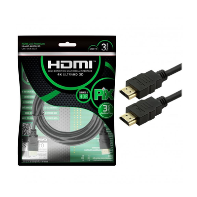 Cabo HDMI 3mts Gold Versão 2.0 4K 19 Pinos Preto - PIX CHIP SCE 018-2223
