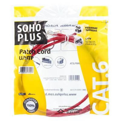 Patch Cord U/UTP CAT6 CMX T568A 1.5M Vermelho Certificado - FURUKAWA SOHOPLUS